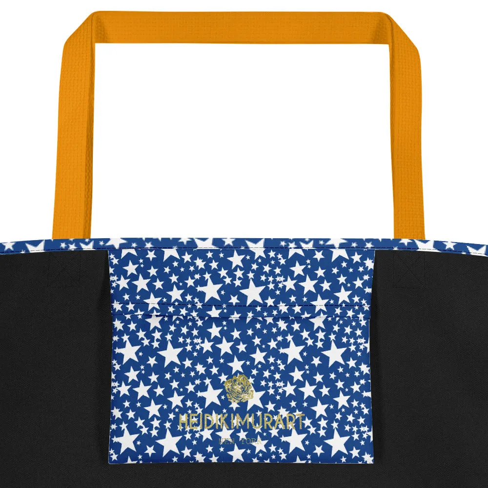 Blue White Star Tote Bag, Designer Large 16"x20" Unisex Beach Tote Bag- Made in USA/EU