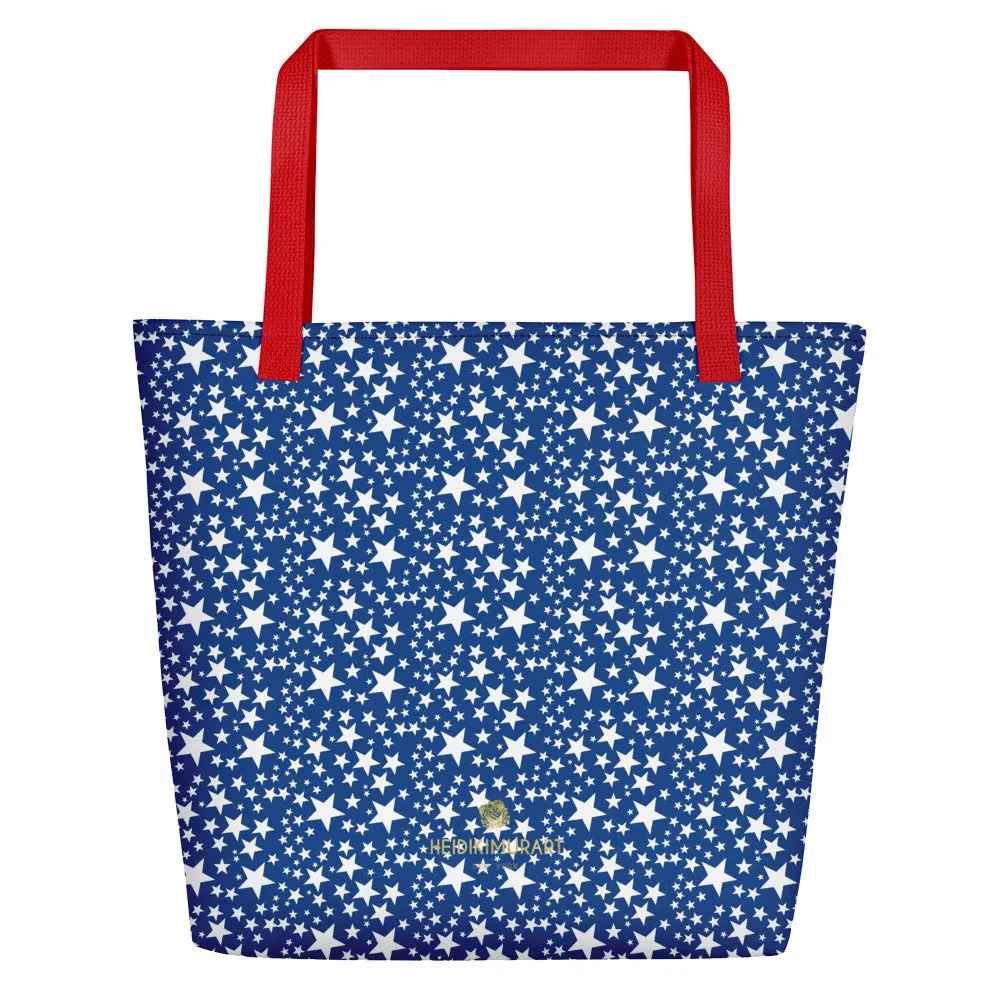 Blue White Star Tote Bag, Designer Large 16"x20" Unisex Beach Tote Bag- Made in USA/EU