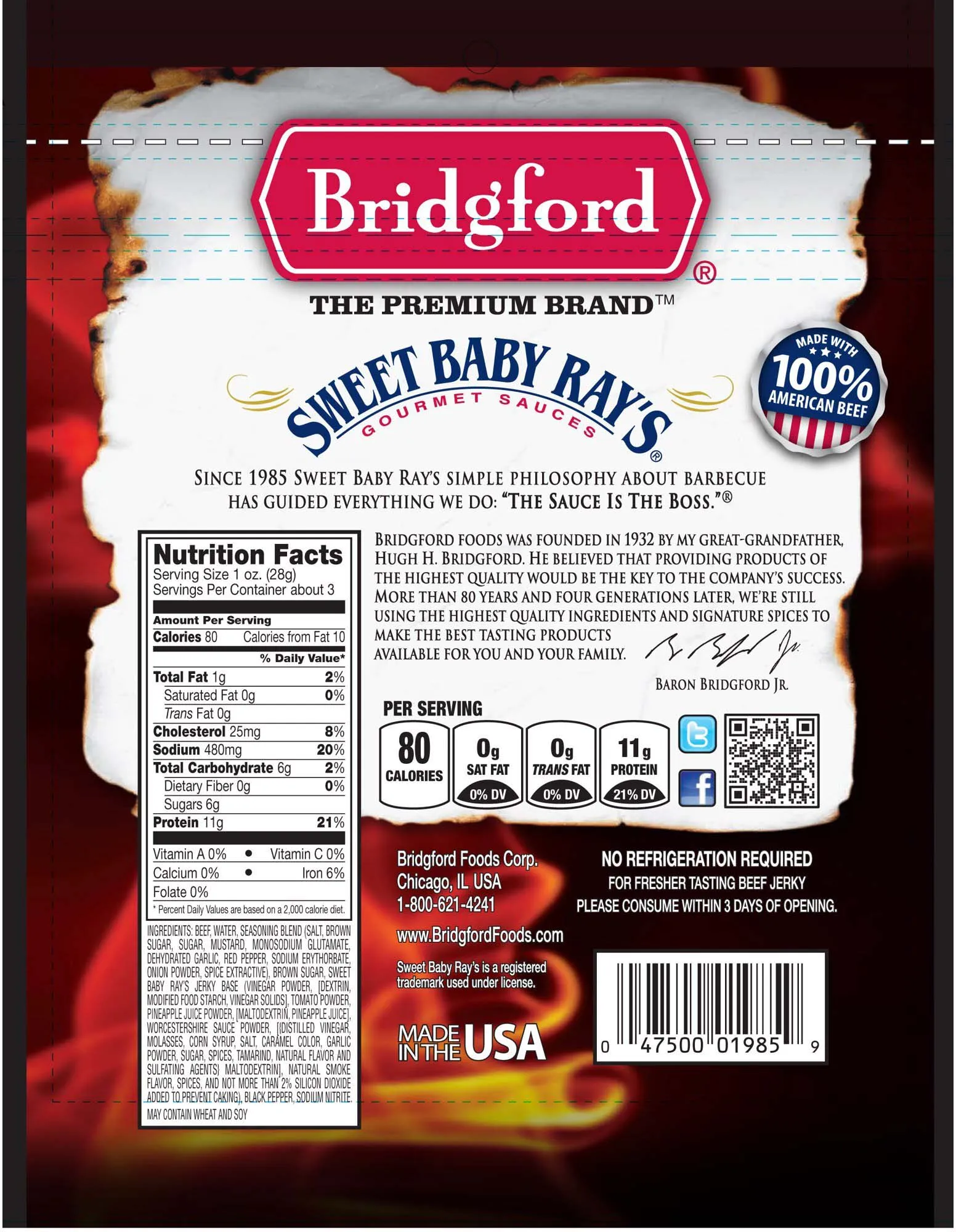 Bridgford Sweet Baby Rays Beef Jerky 2.85 oz