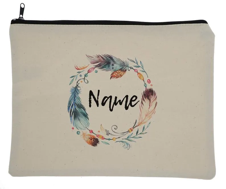 Canvas Custom Name Zipper Bag With Tribal Feathers