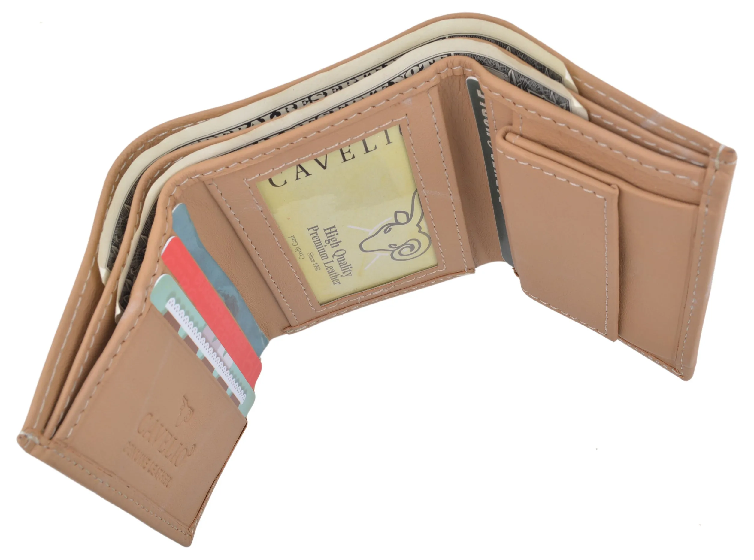 Cavelio Premium Leather Men's Small Trifold Credit Card ID Holder Wallet with Coin Pouch