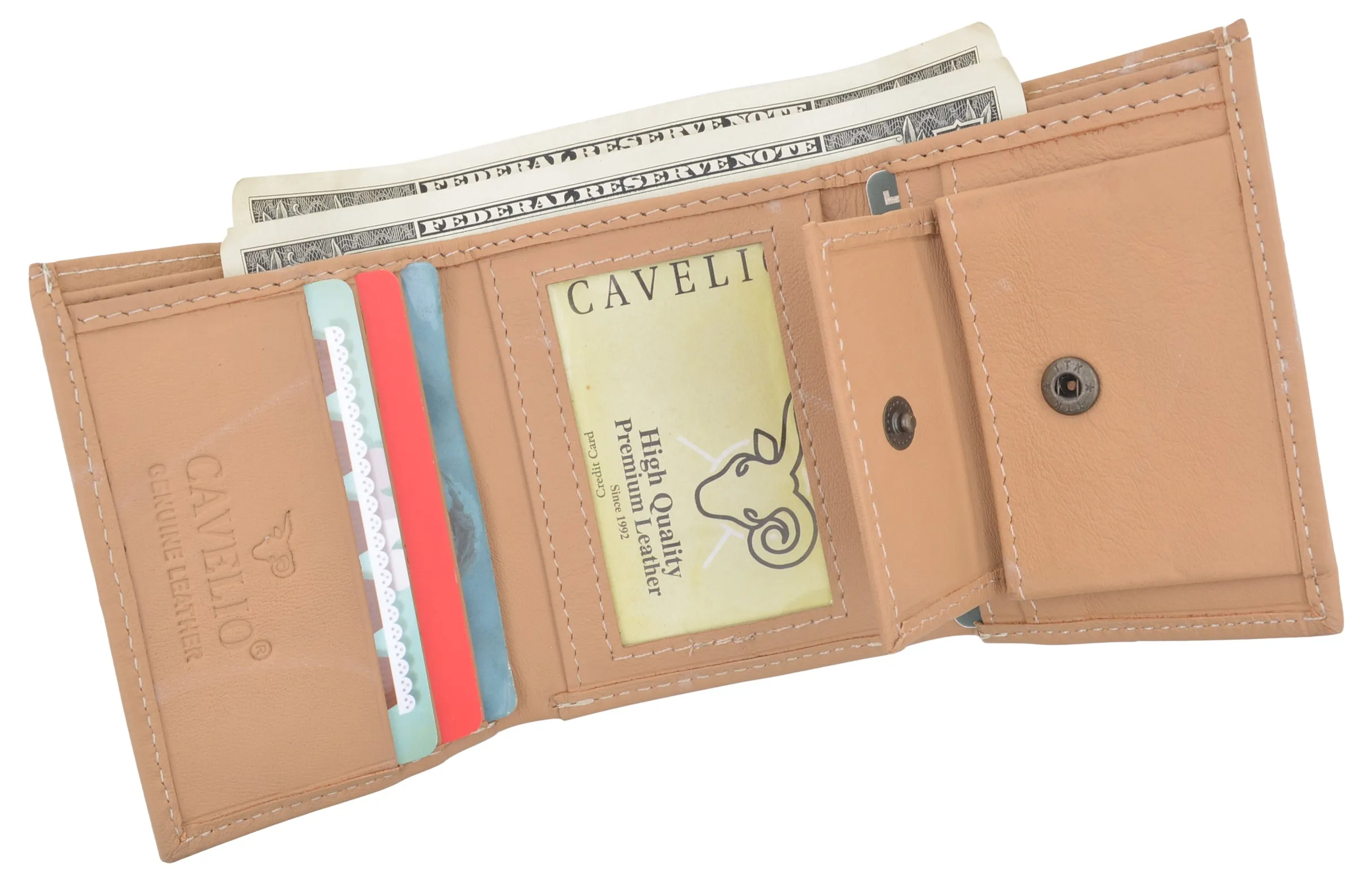 Cavelio Premium Leather Men's Small Trifold Credit Card ID Holder Wallet with Coin Pouch