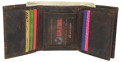 CAZORO Men's RFID Blocking Vintage Genuine Leather Classic Trifold Wallet for Men with Box