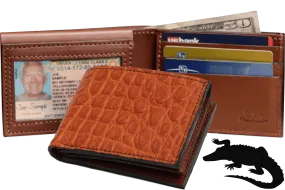 Cognac Alligator Luxury Designer Exotic Bifold Wallet With Flip Up ID Window