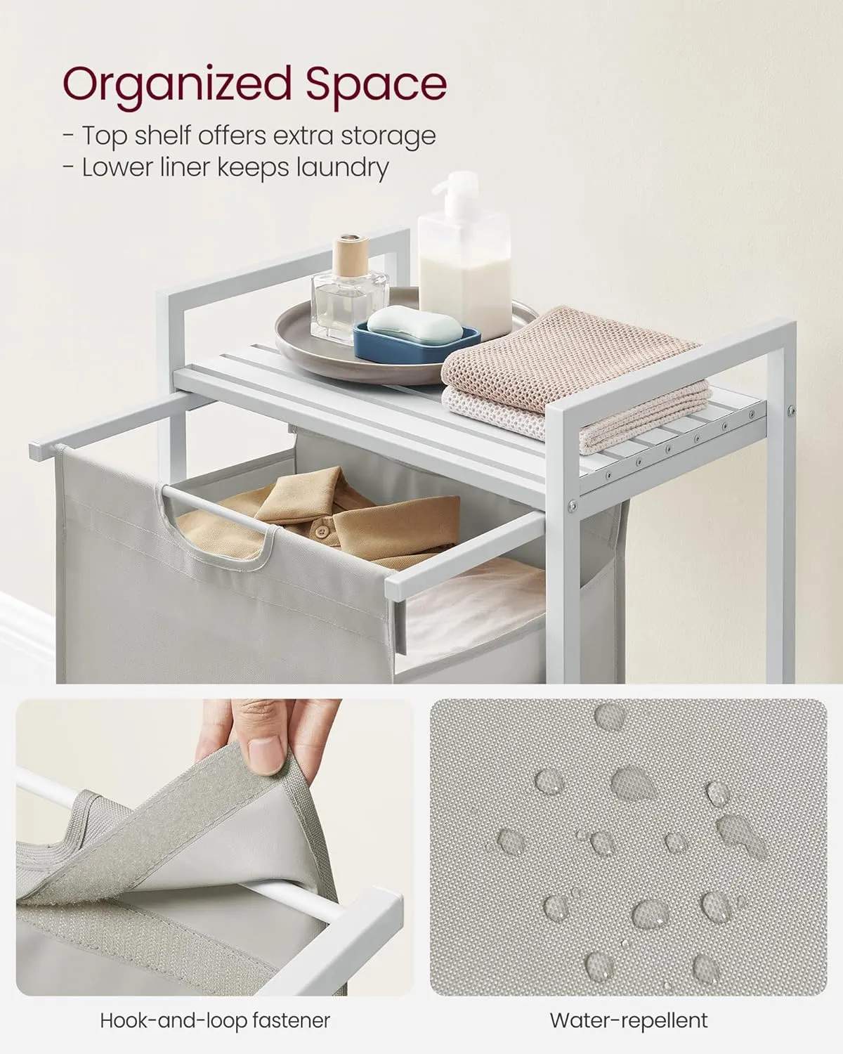 Compact White Laundry Hamper with Shelf & Bag 65L VASAGLE