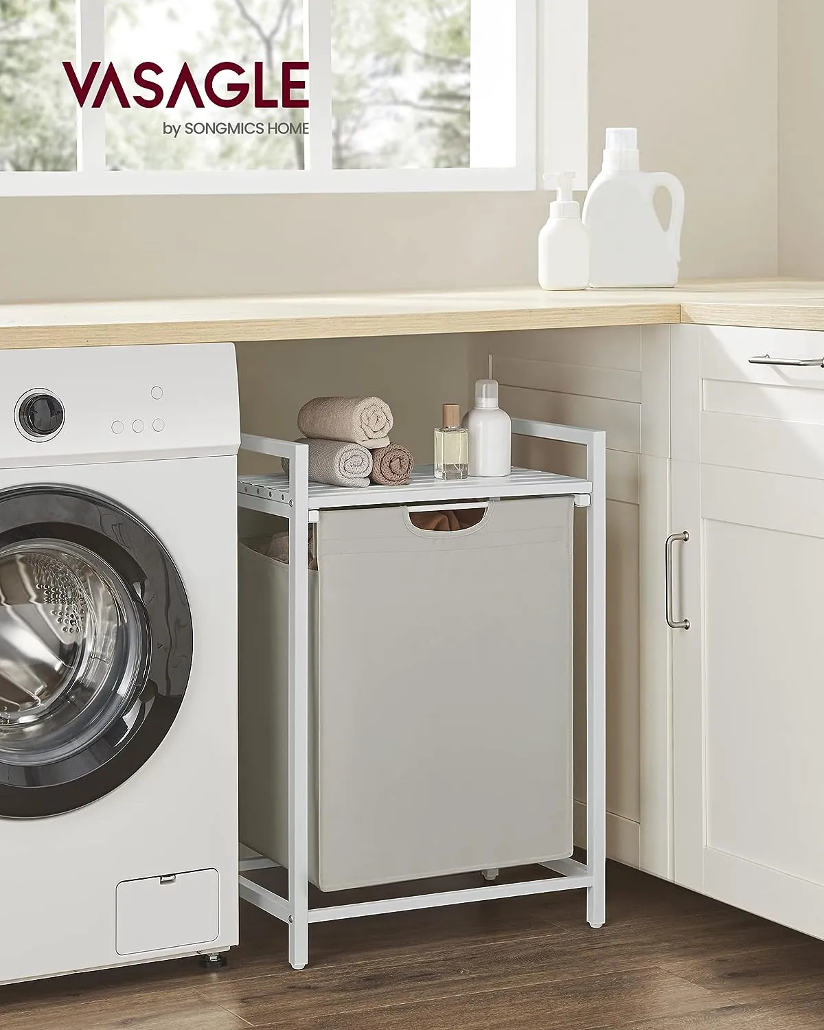Compact White Laundry Hamper with Shelf & Bag 65L VASAGLE
