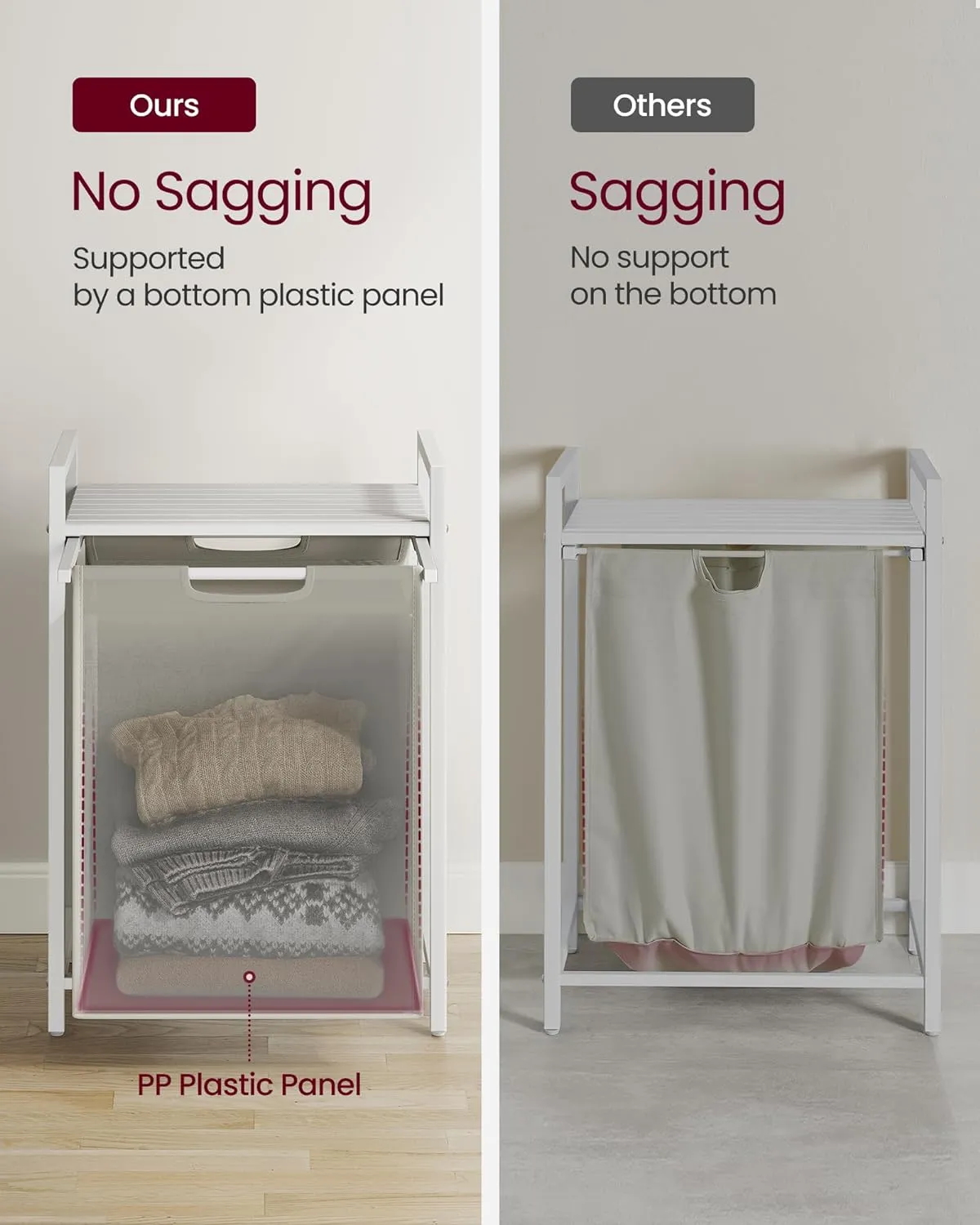 Compact White Laundry Hamper with Shelf & Bag 65L VASAGLE