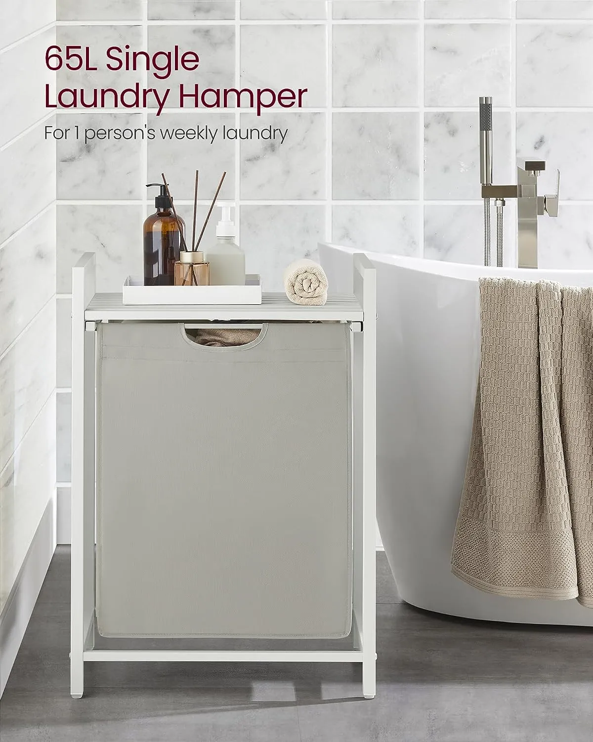 Compact White Laundry Hamper with Shelf & Bag 65L VASAGLE