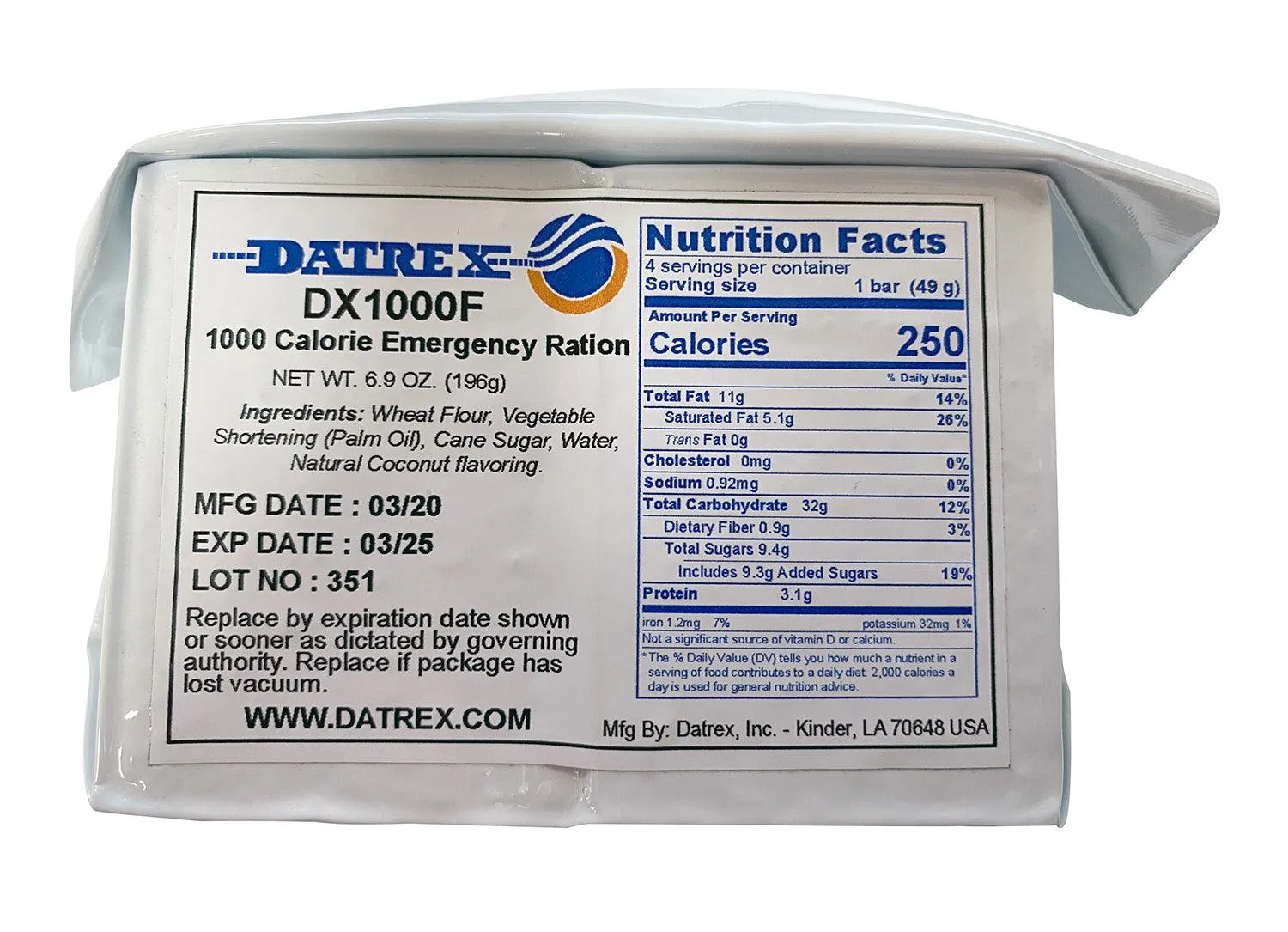 Datrex Aviation 1,000 Cal Emergency Food Ration