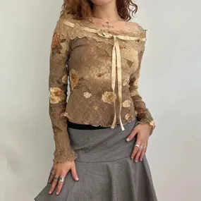 Fairycore Chic Y2K Autumn Tee Shirts Flowers Printed Vintage Lace Patchwork Graphic T shirt Female Aesthetic Bow Cute