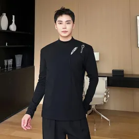 Fashion Men's T-shirts Leather Loop Spliced Hollow Out Top Long Sleeve Half High Collar Male Tees Fashion 9C1736