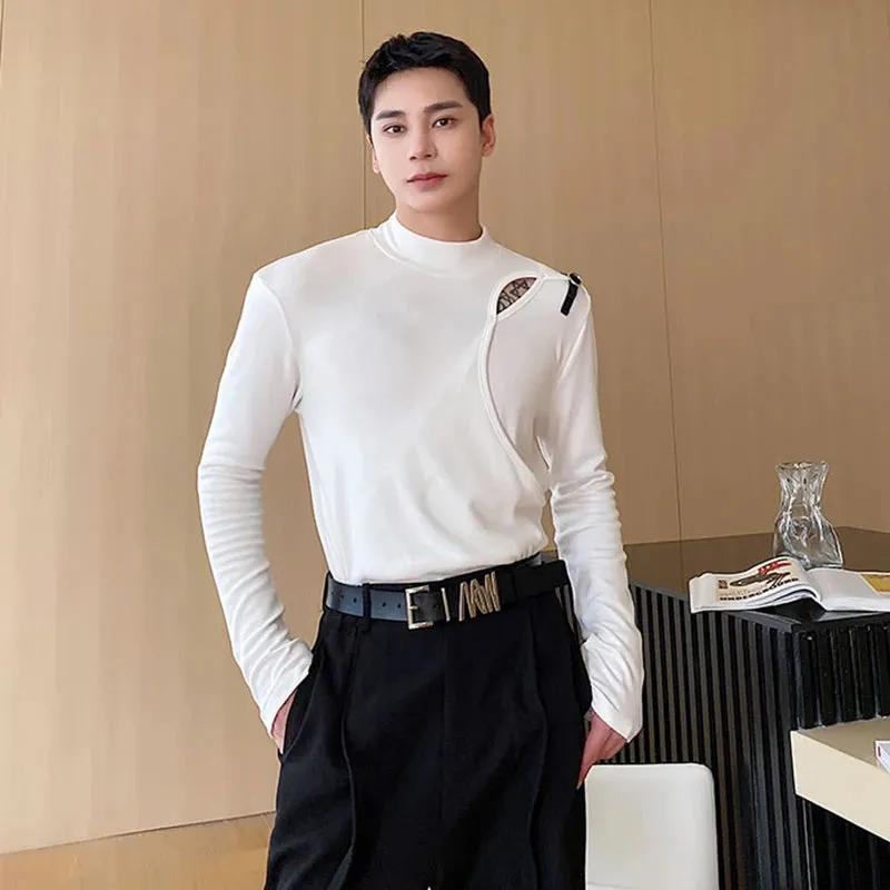 Fashion Men's T-shirts Leather Loop Spliced Hollow Out Top Long Sleeve Half High Collar Male Tees Fashion 9C1736