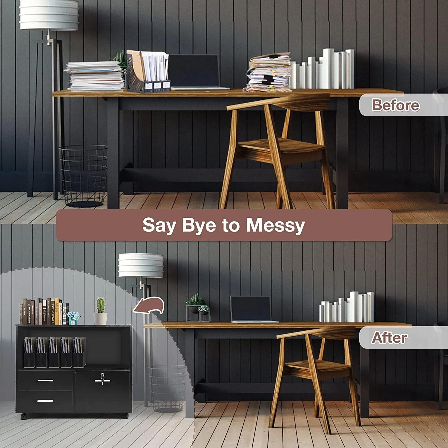 Filing Cabinet Printer Stand Mobile Lateral File Cabinet w/ 3 Drawers & 1 Open Storage Shelves for Home Office Organization, Black