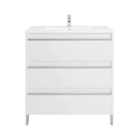 Floor-mount Vanity Bottom 32" x 18" 3 Drawers in High Gloss White - Vanity Top Sold Seperately