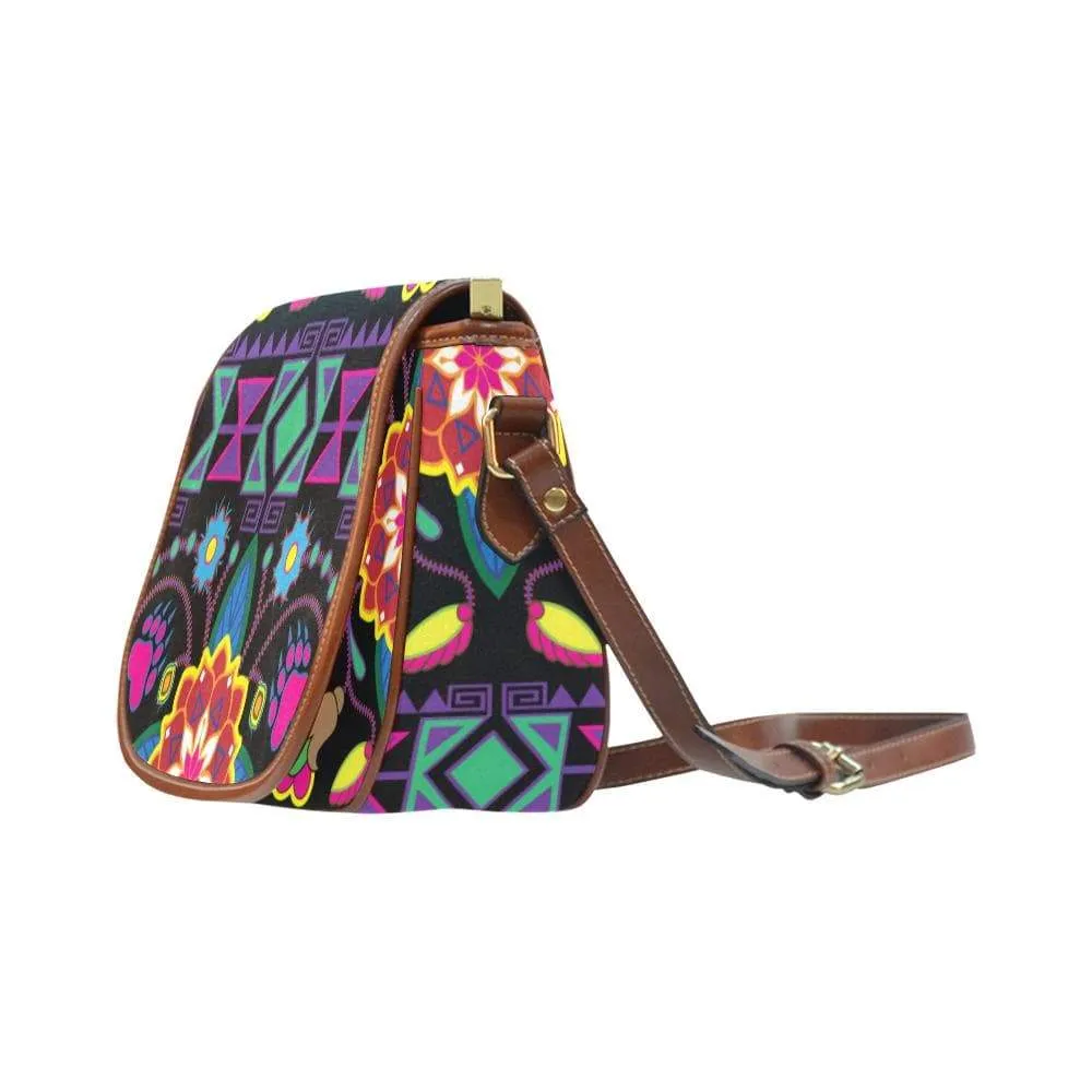Geometric Floral Winter - Black Saddle Bag/Small