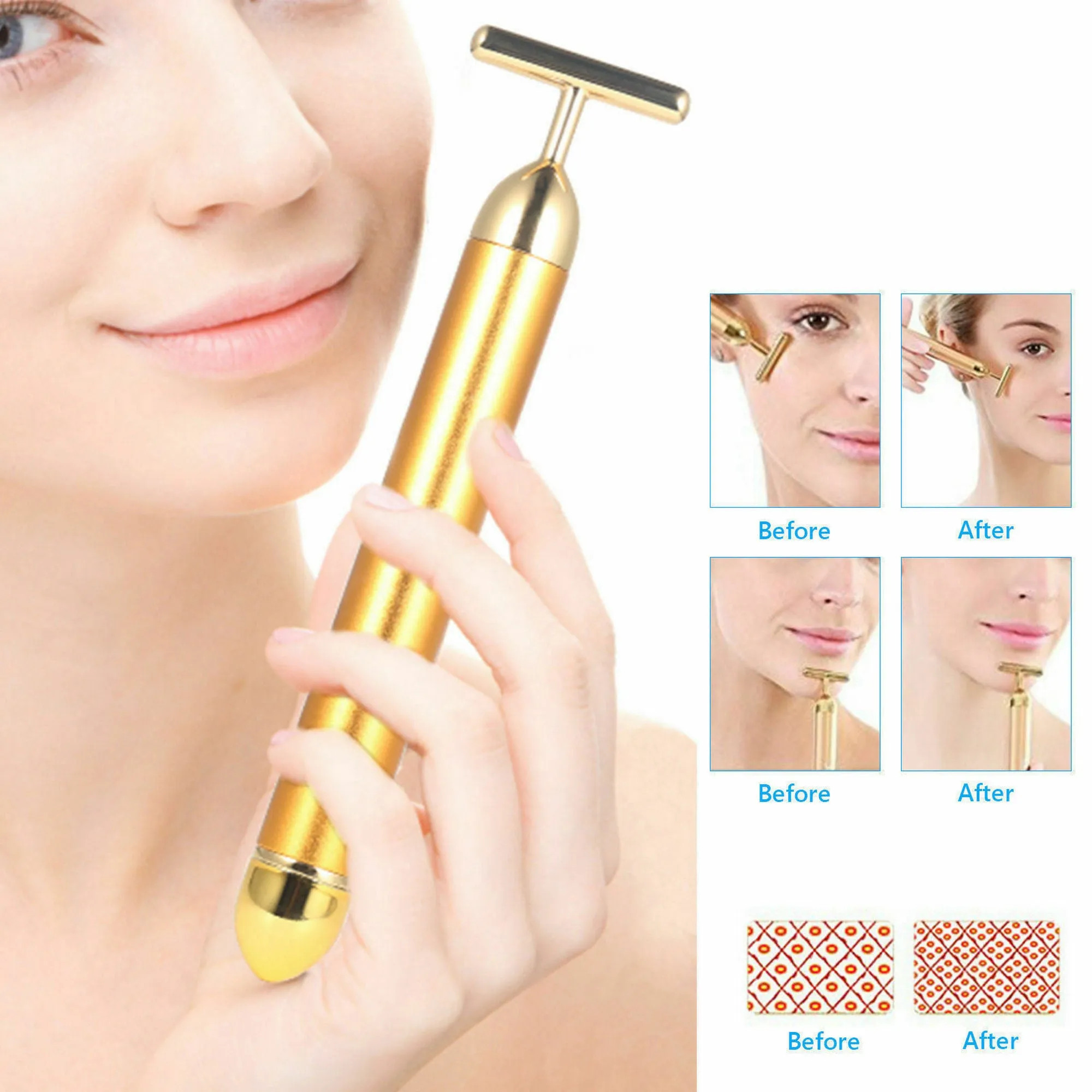 Gold Beauty Bar Facial Roller Face Vibration Skincare Massage Face Lift Firm