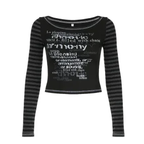 Halloween Stripe Letter Printed Female T-shirt Slim Stitch Bodycon Long Sleeve Crop Tops Gothic Dark Harajuku Tee