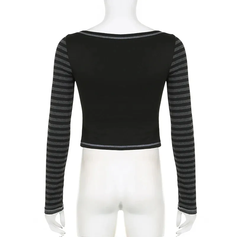 Halloween Stripe Letter Printed Female T-shirt Slim Stitch Bodycon Long Sleeve Crop Tops Gothic Dark Harajuku Tee