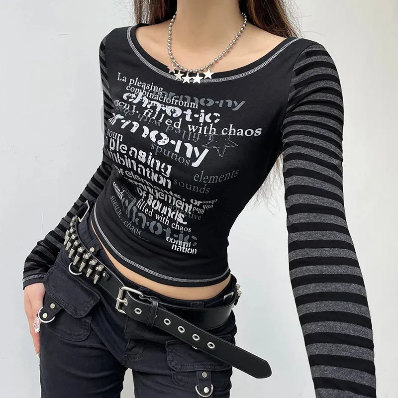Halloween Stripe Letter Printed Female T-shirt Slim Stitch Bodycon Long Sleeve Crop Tops Gothic Dark Harajuku Tee