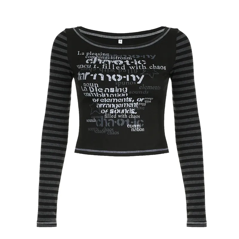 Halloween Stripe Letter Printed Female T-shirt Slim Stitch Bodycon Long Sleeve Crop Tops Gothic Dark Harajuku Tee