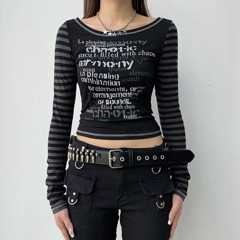 Halloween Stripe Letter Printed Female T-shirt Slim Stitch Bodycon Long Sleeve Crop Tops Gothic Dark Harajuku Tee