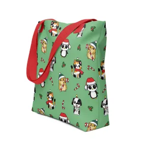Holiday Tote Bag with Adorable Pets in Christmas Hats and Scarves