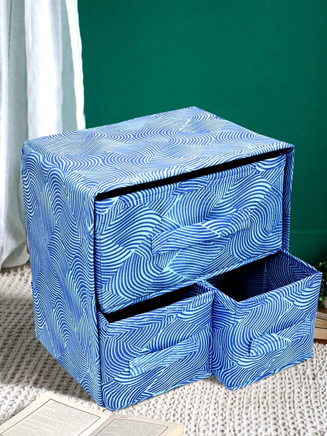 Kuber Industries Lehariya Printed 3 Drawers Foldable Non-Woven Dressing/Jewllery/Makeup Organizer Box (Blue)-HS43KUBMART26840