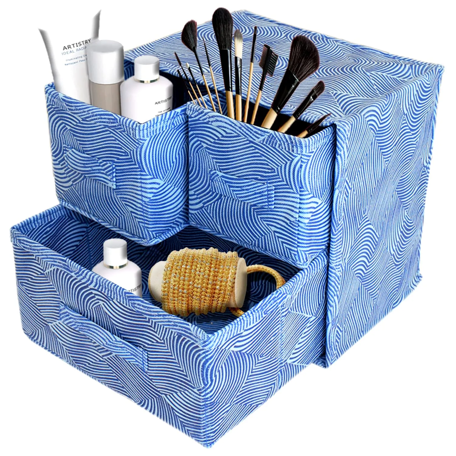 Kuber Industries Lehariya Printed 3 Drawers Foldable Non-Woven Dressing/Jewllery/Makeup Organizer Box (Blue)-HS43KUBMART26840