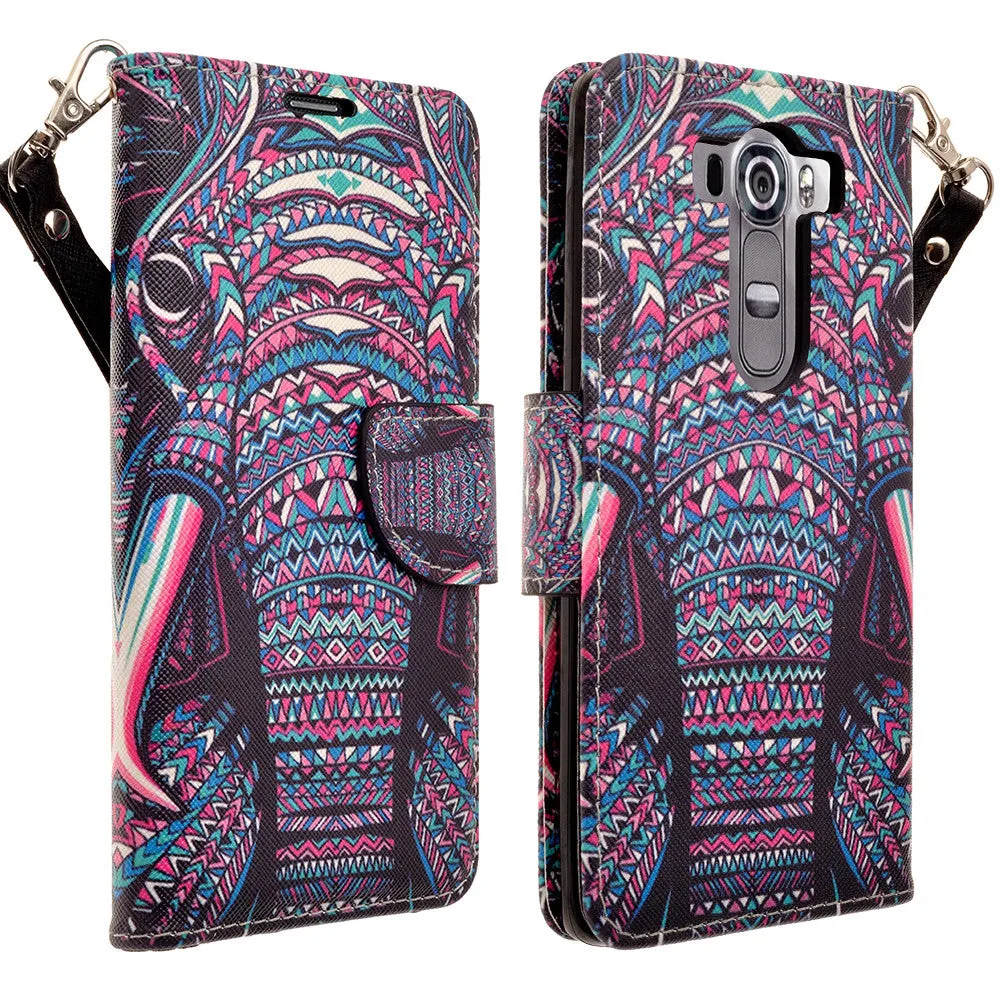 LG V10 Case, Wrist Strap Magnetic Fold[Kickstand] Pu Leather Wallet Case with ID & Credit Card Slots for LG V10 - Tribal Elephant