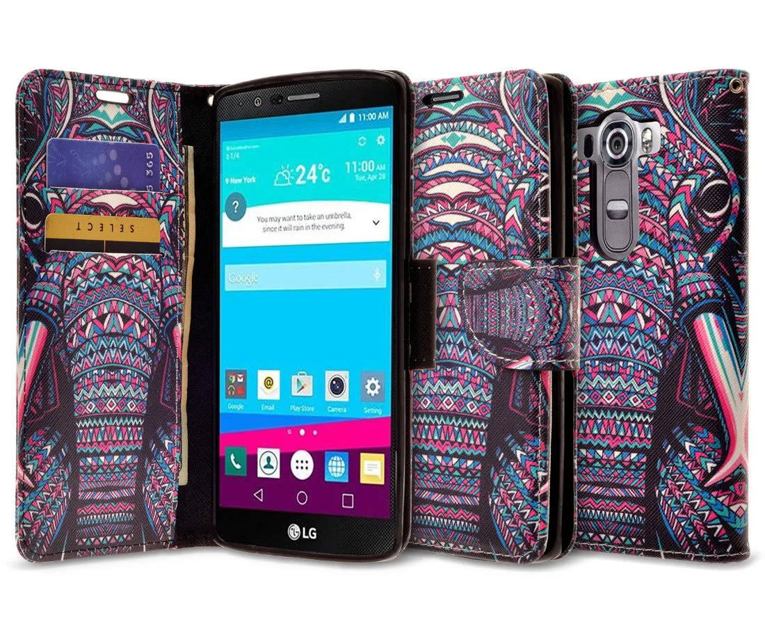 LG V10 Case, Wrist Strap Magnetic Fold[Kickstand] Pu Leather Wallet Case with ID & Credit Card Slots for LG V10 - Tribal Elephant