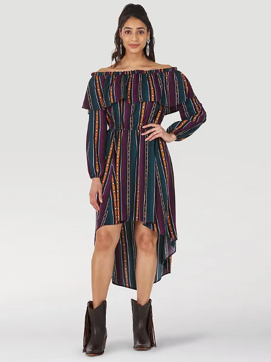 LWD454M - Wrangler Women's Retro® Off The Shoulder High-Low Hem Print Dress - Multi