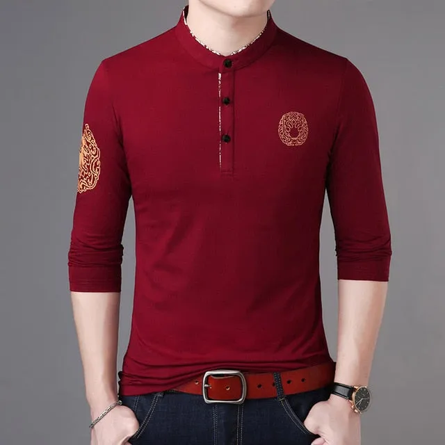 Mandarin Collar Buttoned Long Sleeve Polo Shirt
