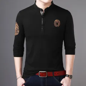 Mandarin Collar Buttoned Long Sleeve Polo Shirt