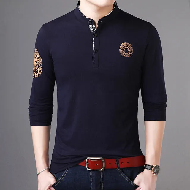 Mandarin Collar Buttoned Long Sleeve Polo Shirt