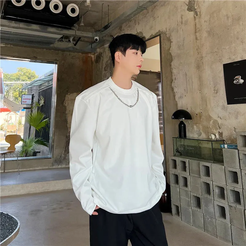 Men's T-Shirts Korean Fashion Casual Detachable Chain Male Pullovers Personalized Solid Color Spring Trendy 9A7737