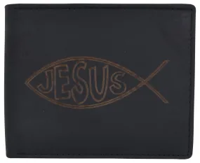 New Men's RFID Jesus Printed Logo Genuine Leather Bifold Wallet /53HTC Jesus