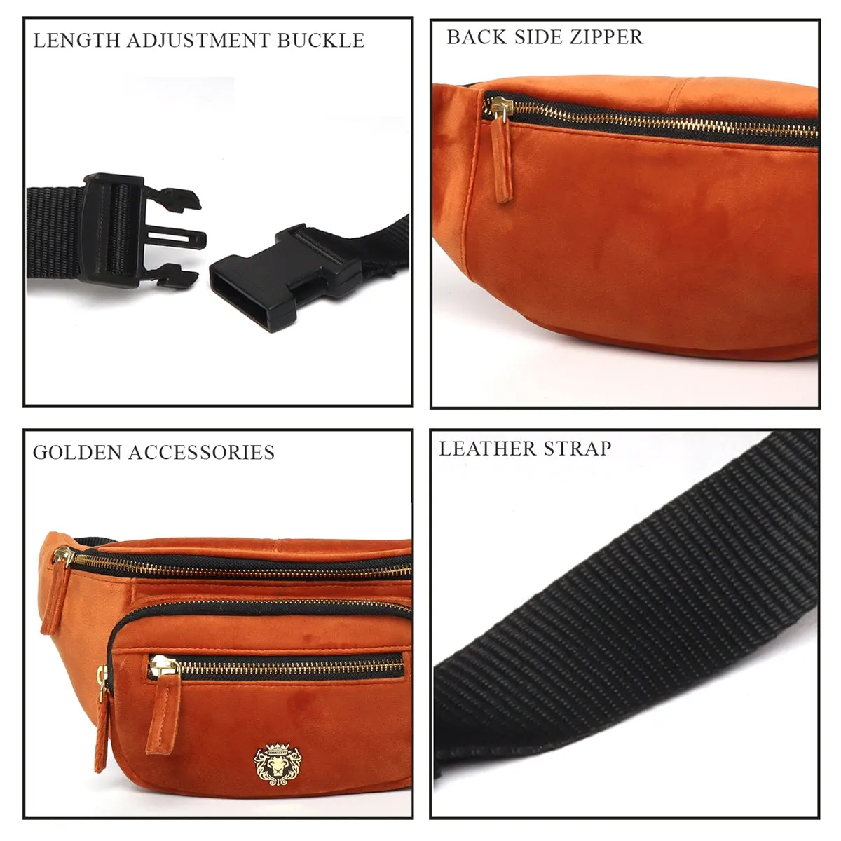 Orange Waist Bag In Velvet with Multi Pockets