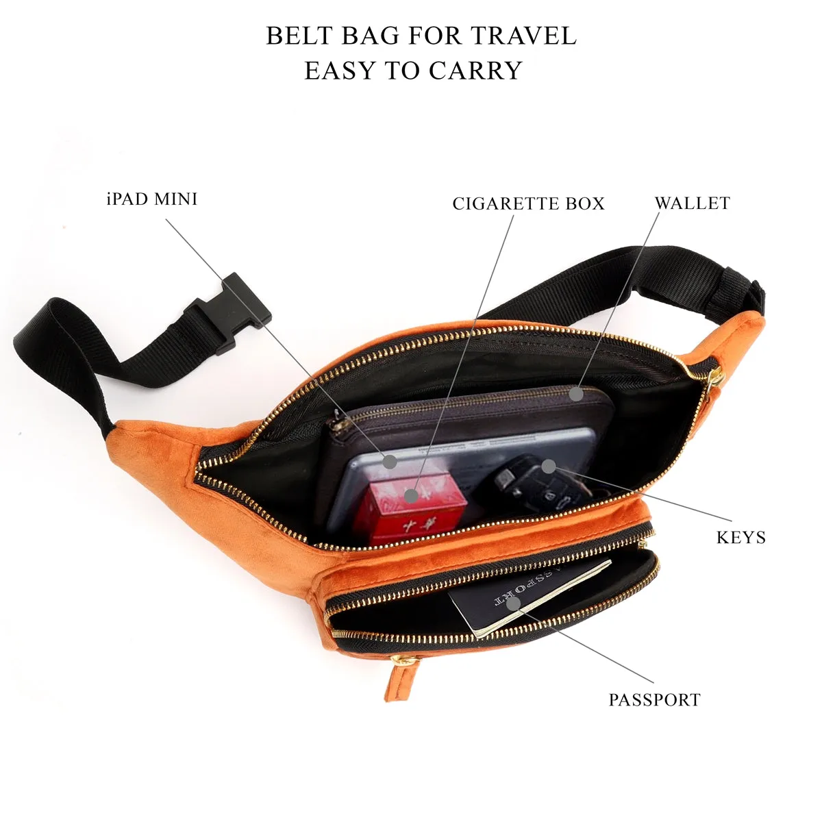 Orange Waist Bag In Velvet with Multi Pockets