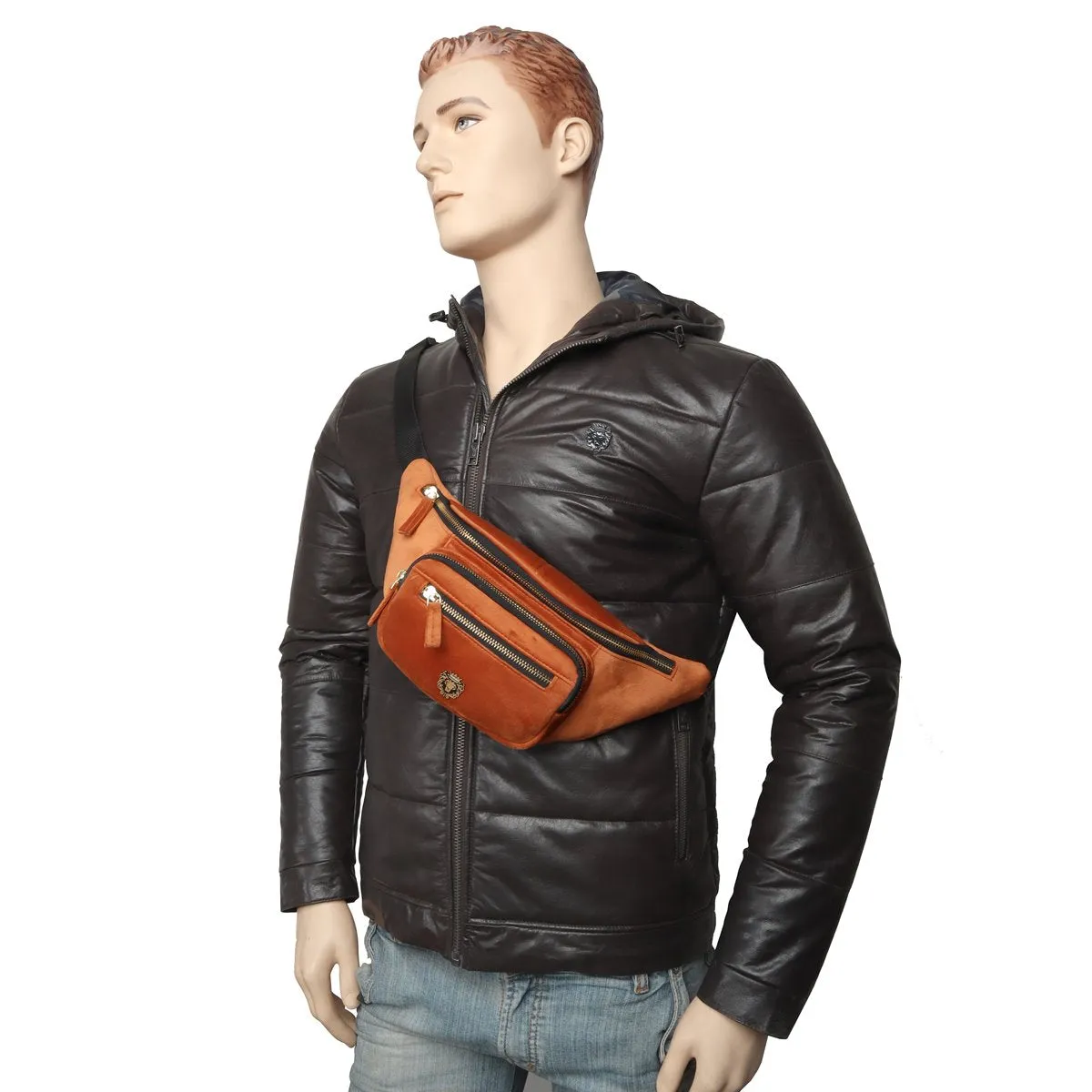 Orange Waist Bag In Velvet with Multi Pockets