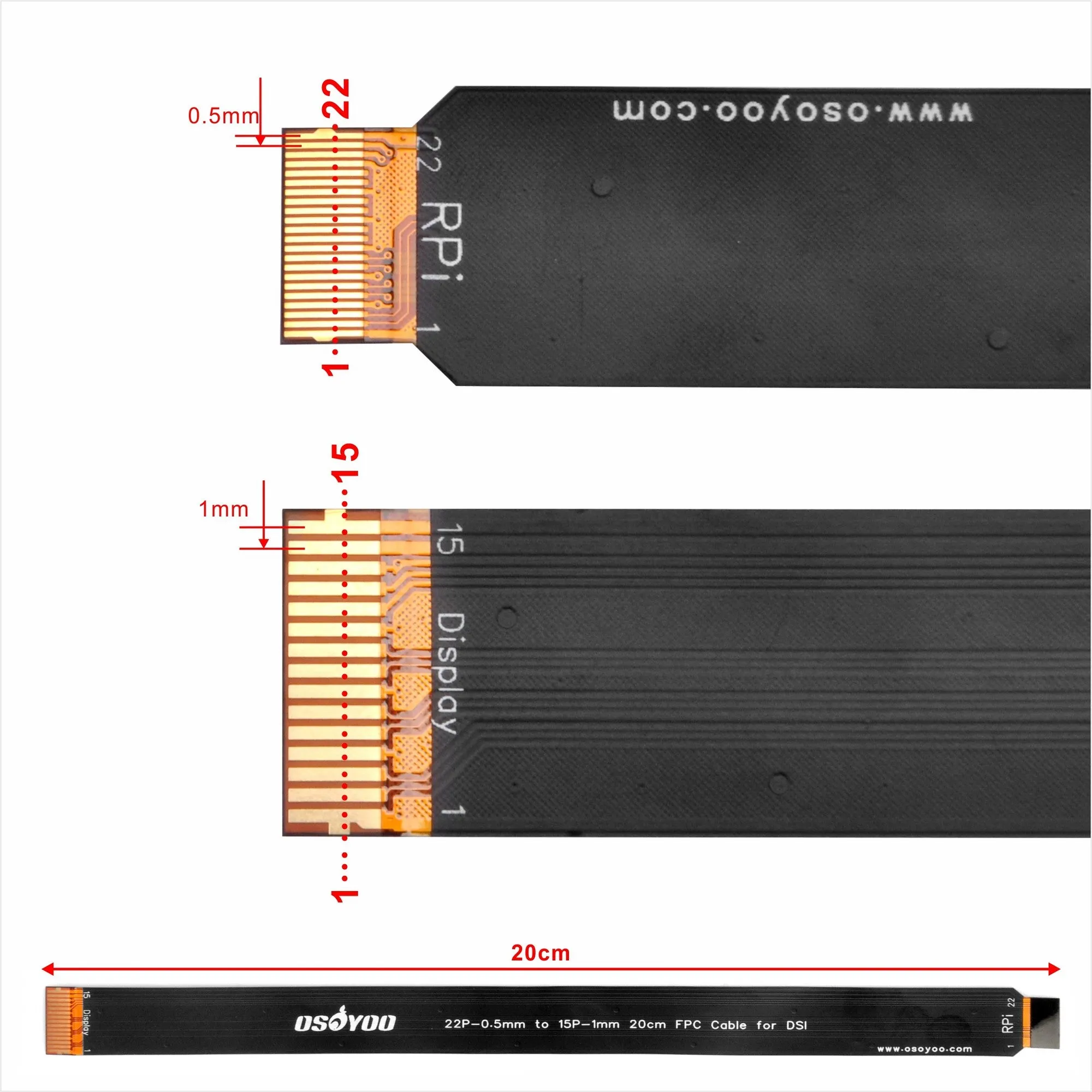 OSOYOO 15 Pin 1.0mm Pitch to 22 Pin 0.5mm Pitch Type B Cover Film High Precision Anti-Interference Flex FPC Cable for OSOYOO 4.3" IPS / 5" IPS / 7" TN DSI screen to Raspberry Pi 5