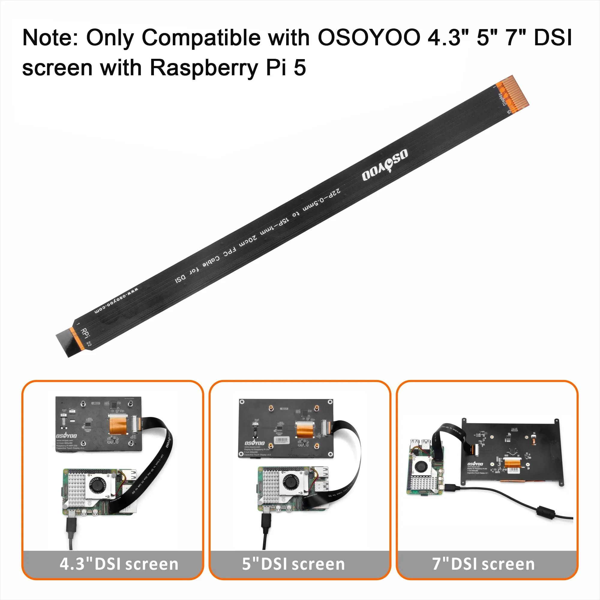 OSOYOO 15 Pin 1.0mm Pitch to 22 Pin 0.5mm Pitch Type B Cover Film High Precision Anti-Interference Flex FPC Cable for OSOYOO 4.3" IPS / 5" IPS / 7" TN DSI screen to Raspberry Pi 5