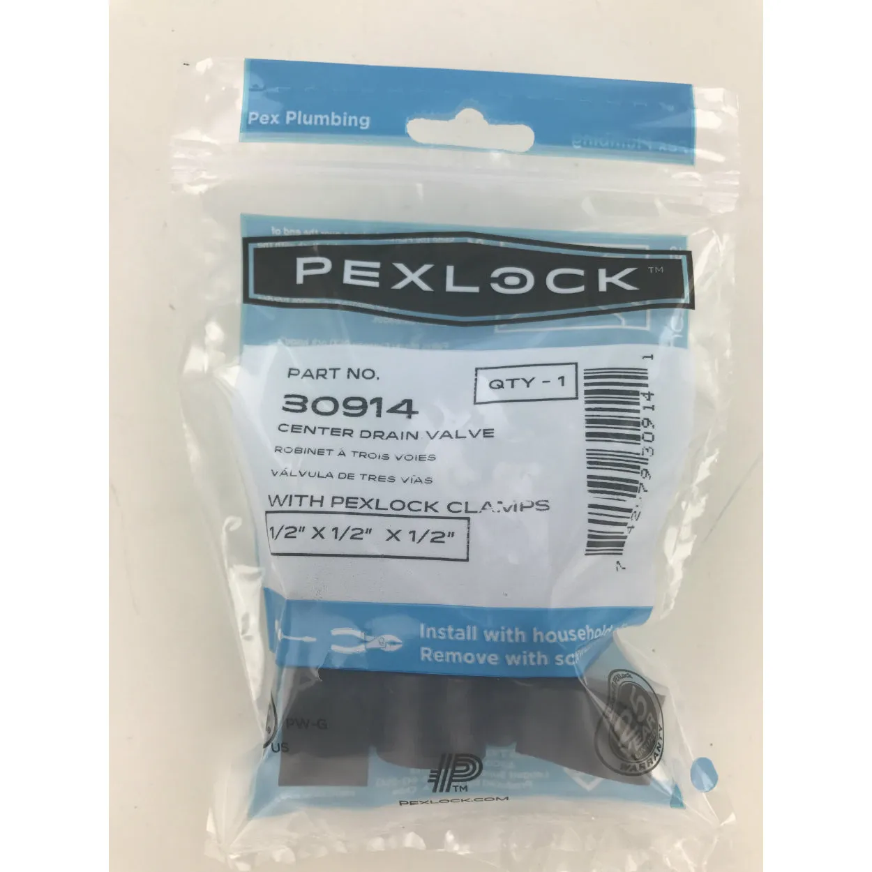 PEXLock 5484555 Center Drain Valve with Clamps, 1/2" x 1/2" x 1/2"