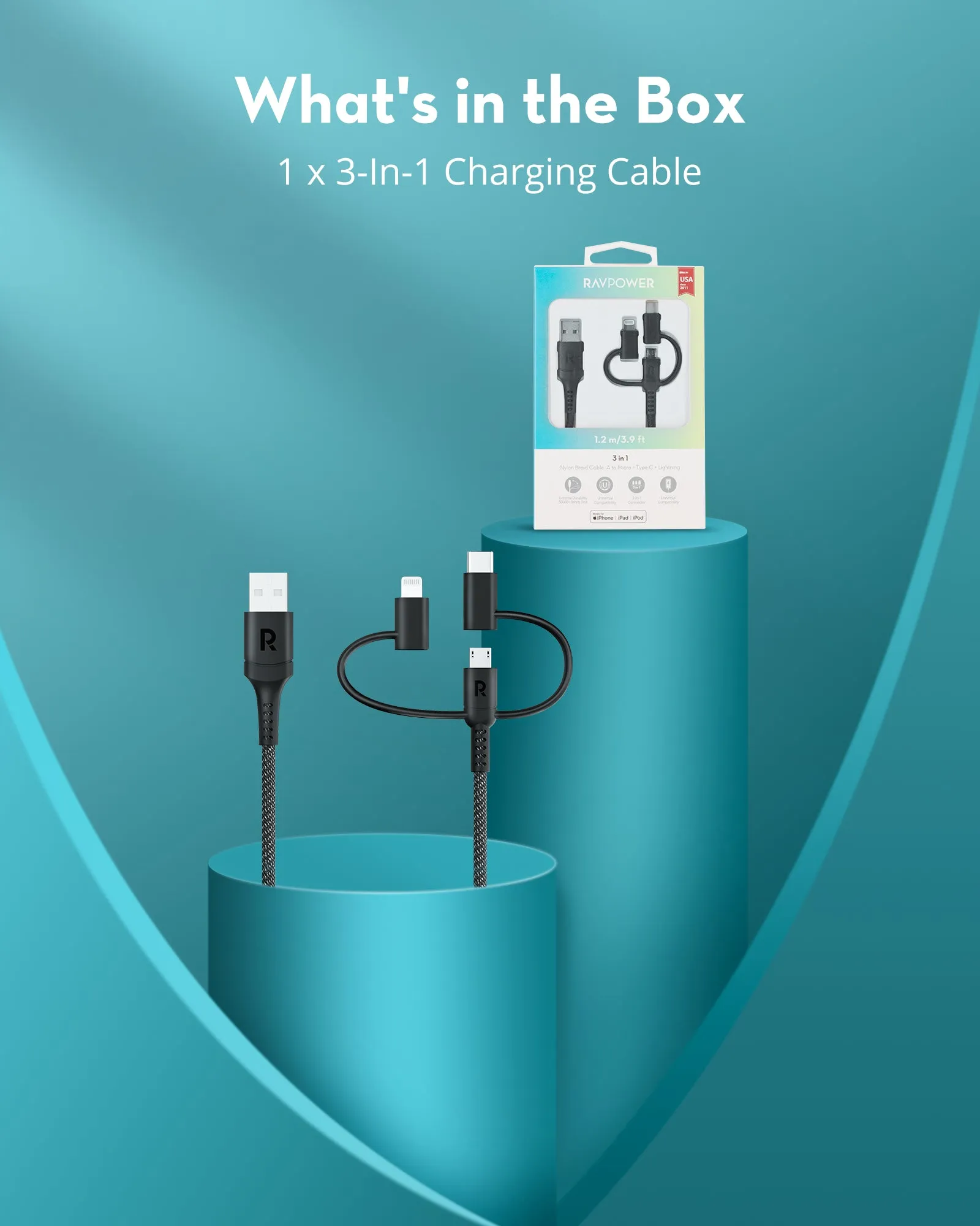 RAVPower RP-CB1033 3 in 1 cable Black A To Micro type C lightning