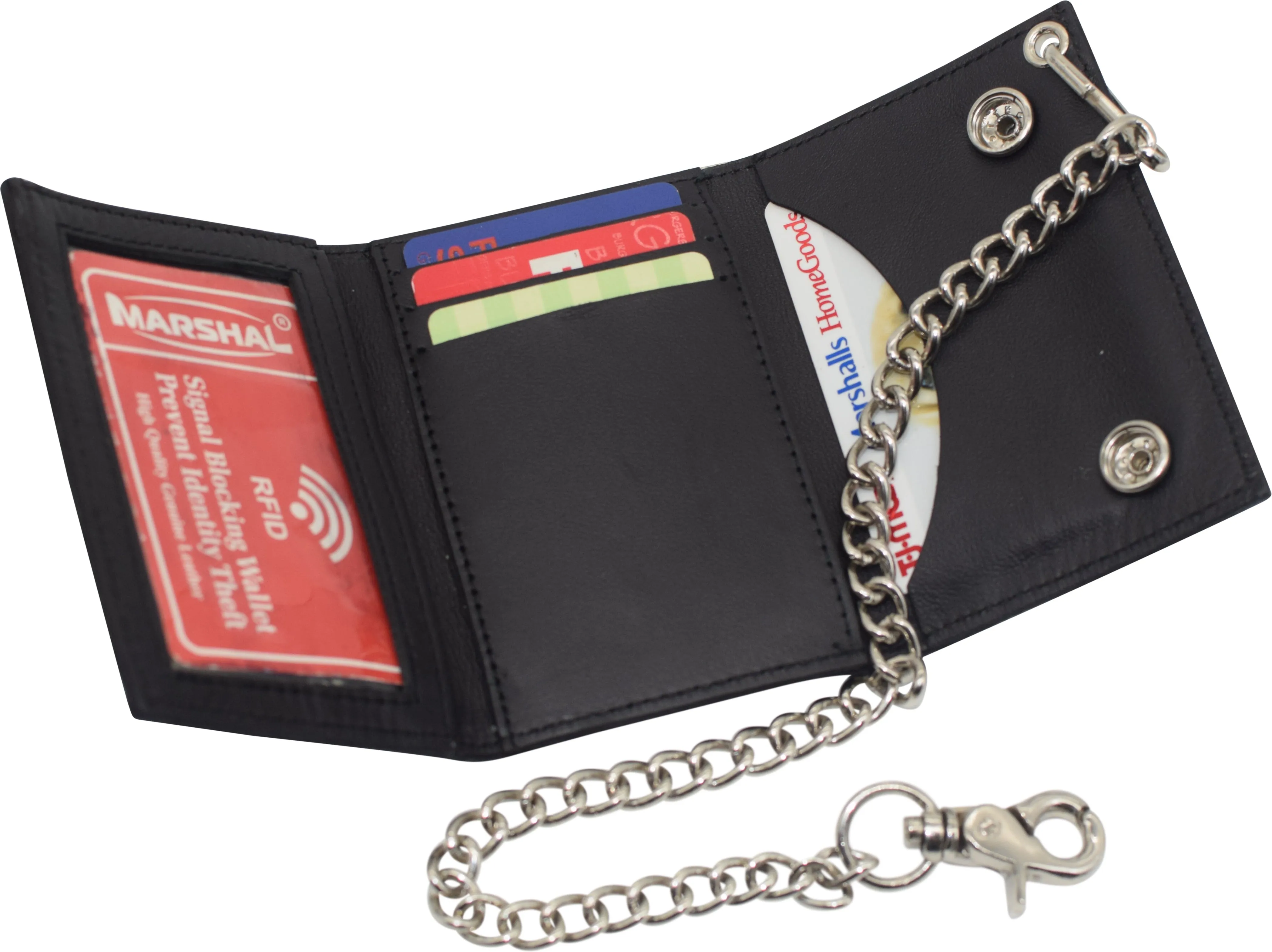 RFID Blocking Men's Tri-fold Biker Cowhide Genuine Leather Steel Chain Eagle USA Wallet Snap closure