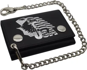 RFID Blocking Men's Tri-fold Biker Cowhide Genuine Leather Steel Chain Eagle USA Wallet Snap closure