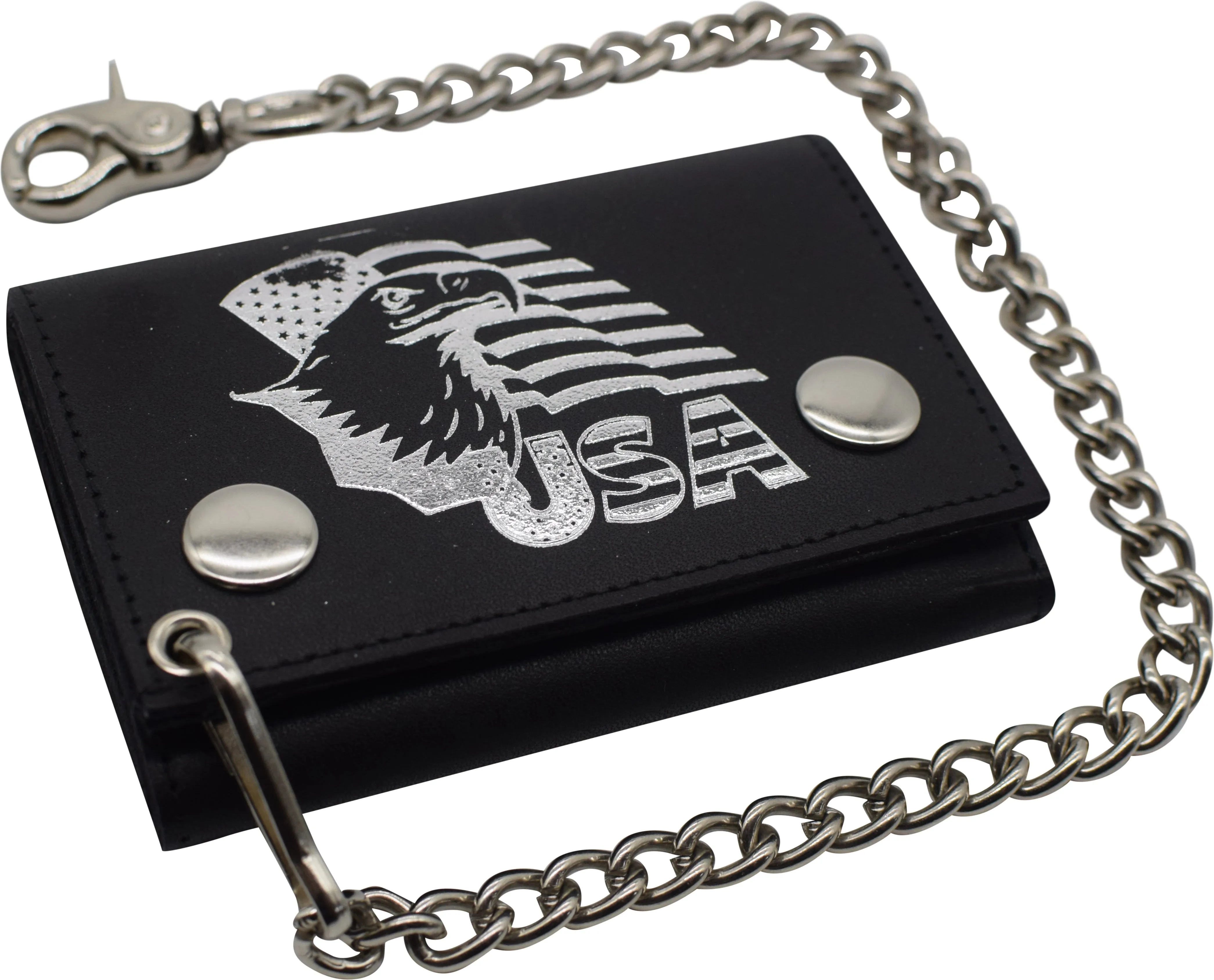 RFID Blocking Men's Tri-fold Biker Cowhide Genuine Leather Steel Chain Eagle USA Wallet Snap closure