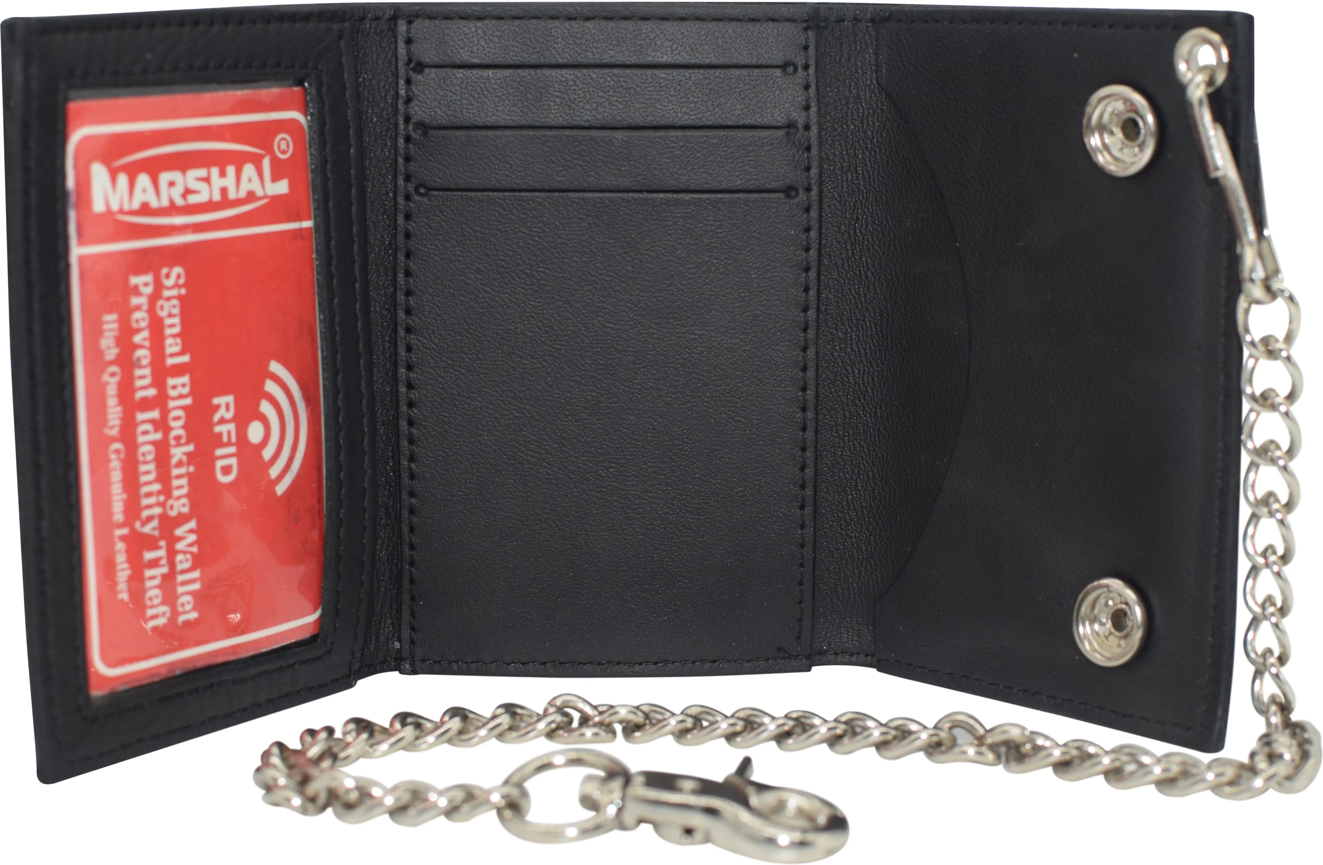 RFID Blocking Men's Tri-fold Biker Cowhide Genuine Leather Steel Chain Eagle USA Wallet Snap closure