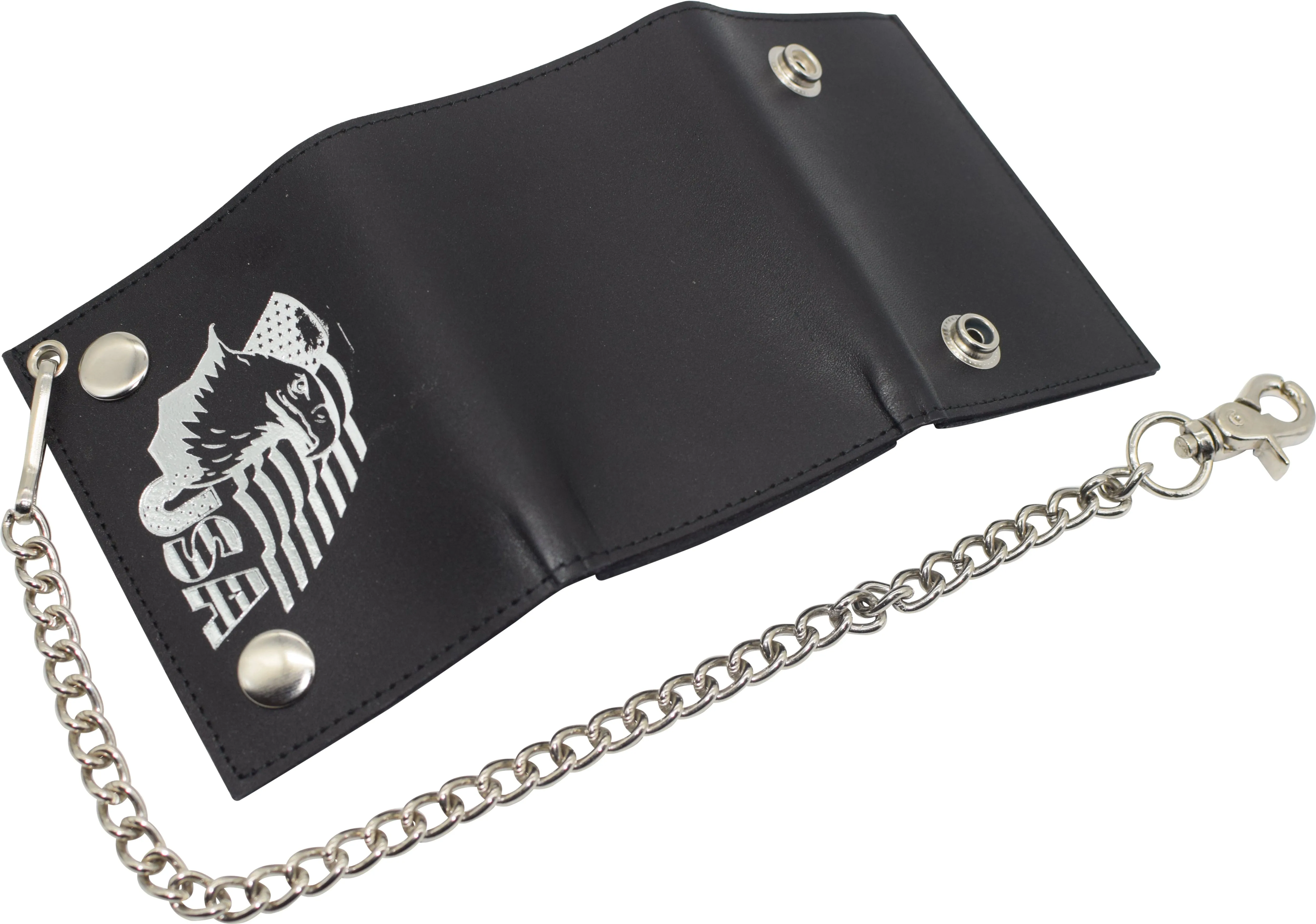 RFID Blocking Men's Tri-fold Biker Cowhide Genuine Leather Steel Chain Eagle USA Wallet Snap closure