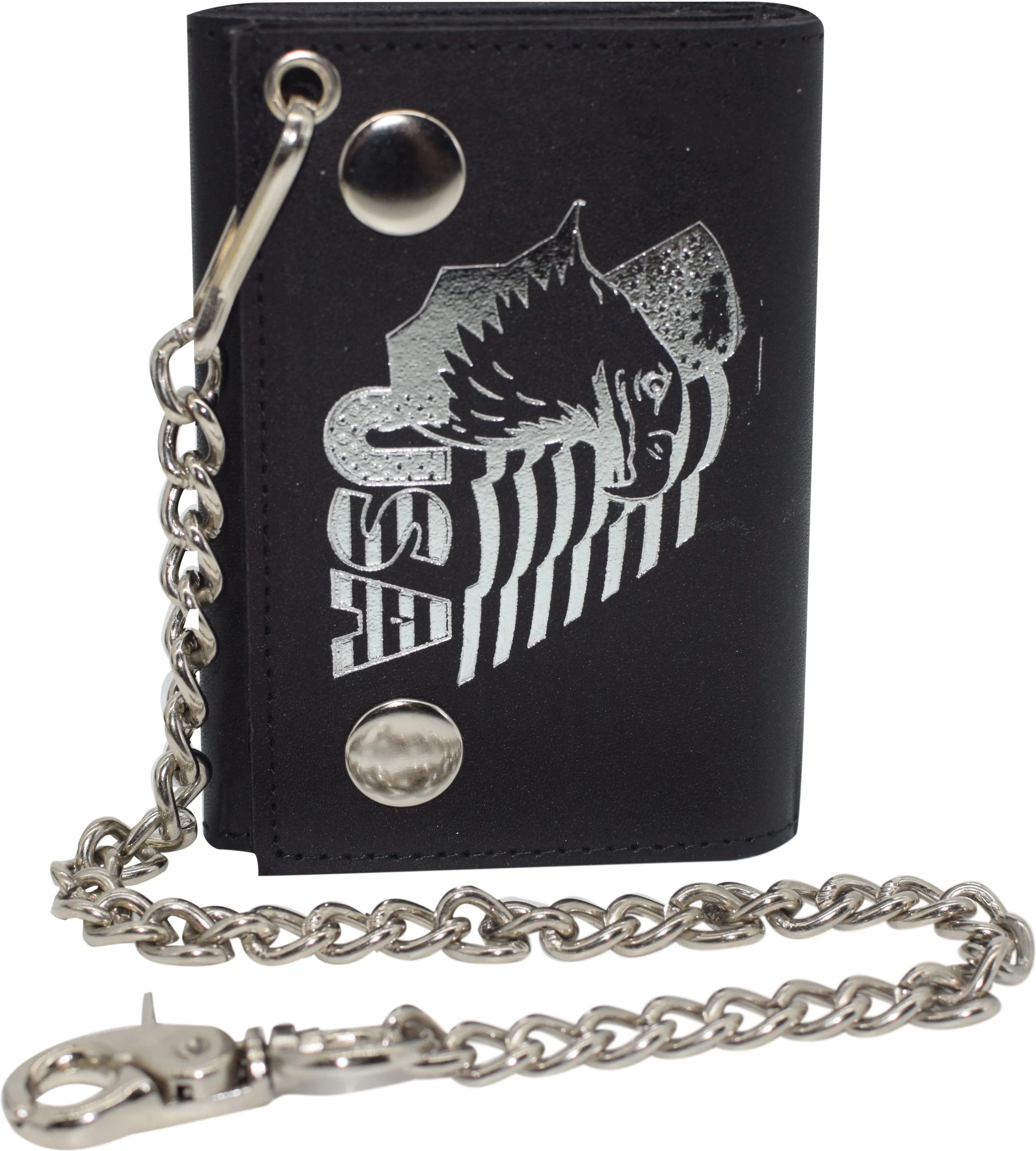 RFID Blocking Men's Tri-fold Biker Cowhide Genuine Leather Steel Chain Eagle USA Wallet Snap closure