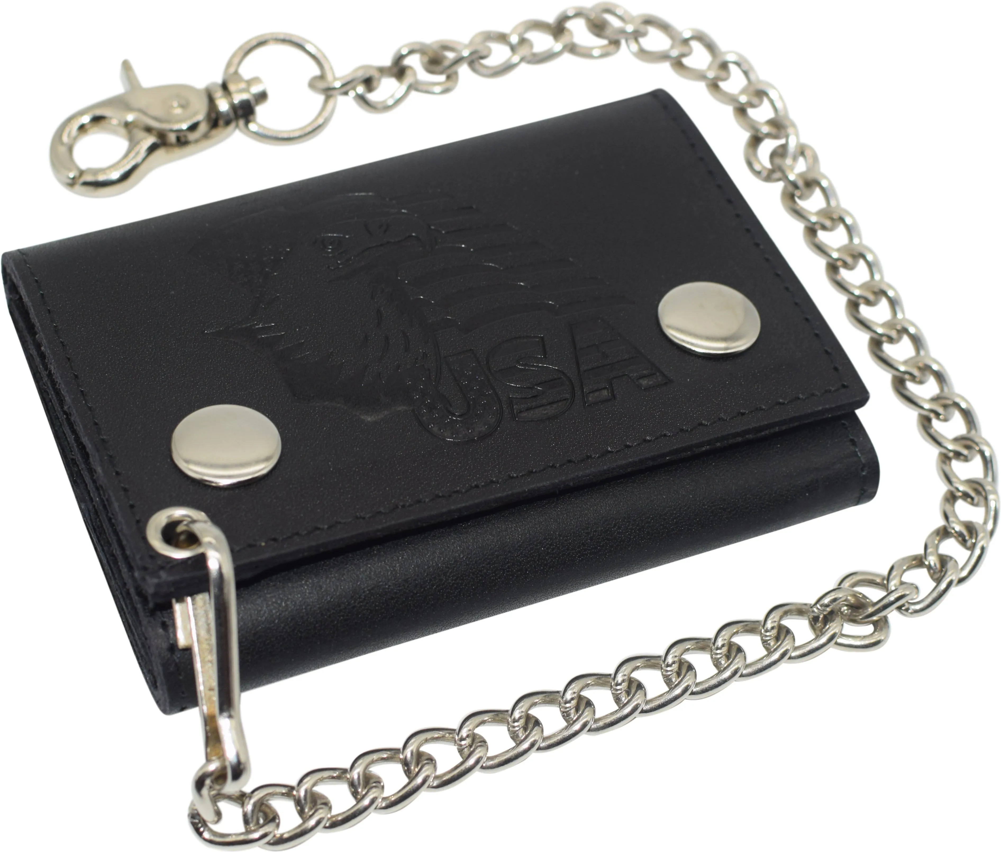 RFID Blocking Men's Tri-fold Biker Cowhide Genuine Leather Steel Chain Eagle USA Wallet Snap closure